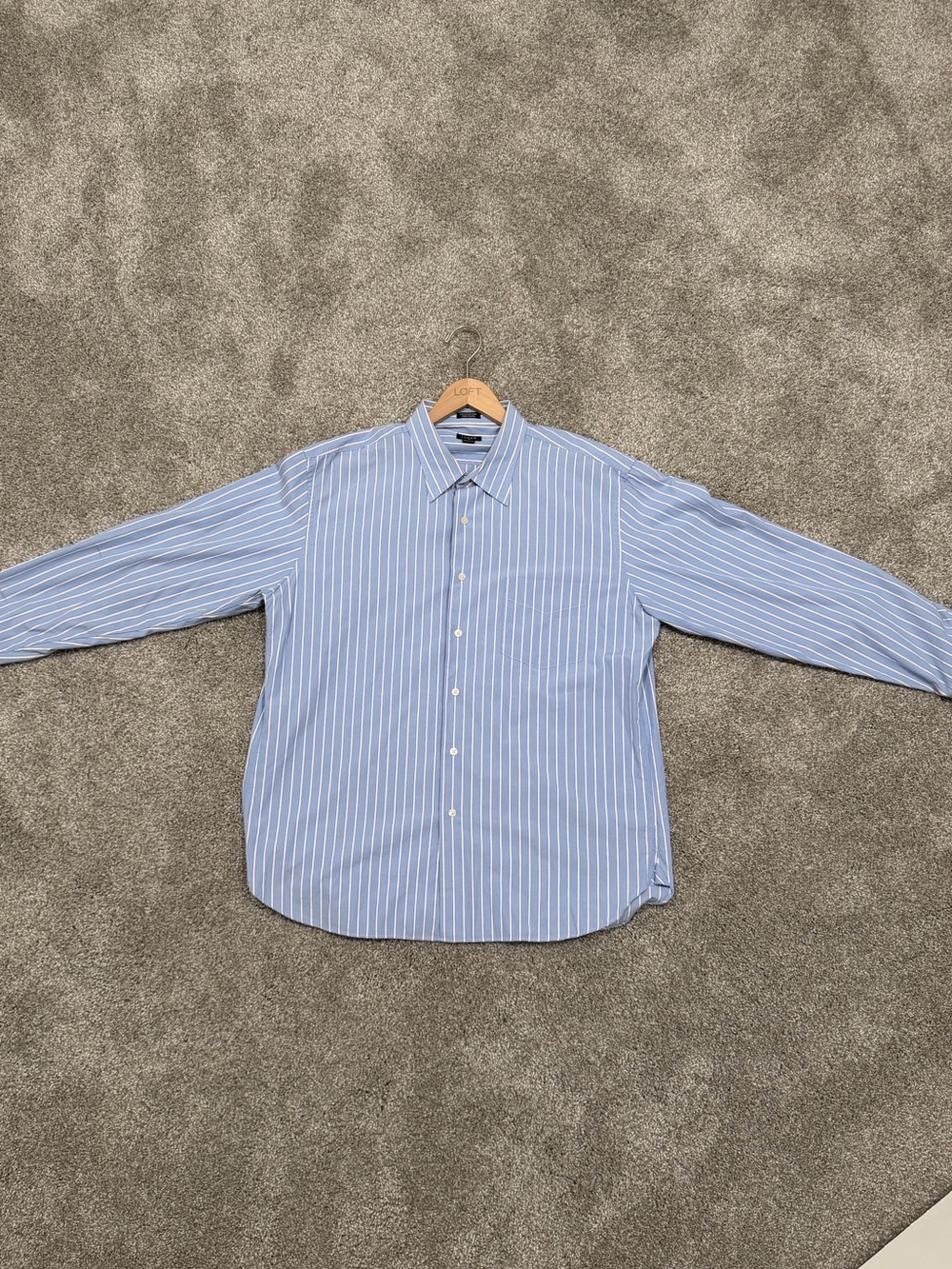 J. Crew Light Blue & White Pinstripe Dress Shirt / Slight Stain on Sleeve